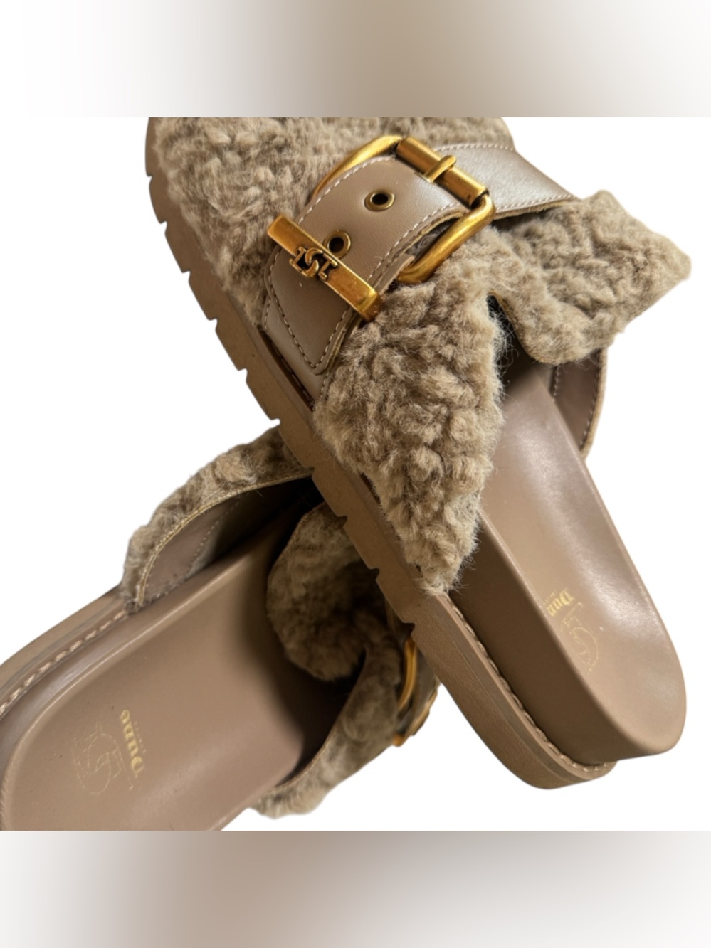 Dune London Taupe Faux-Shearling Buckle Slide Mules